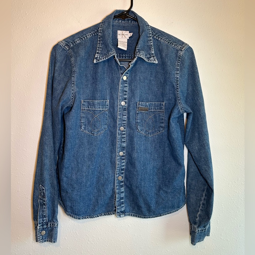 Y2K Denim Snap Button Down Shirt Calvin Klein Women’s Size M Long Sleeve Western